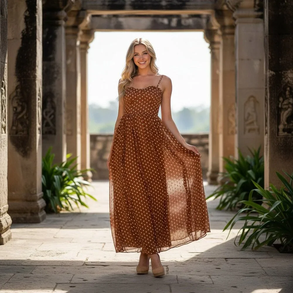 Embroidered flower ruffle maxi dress- Back smocking, ruffled skirt - Picture 3 of 13
